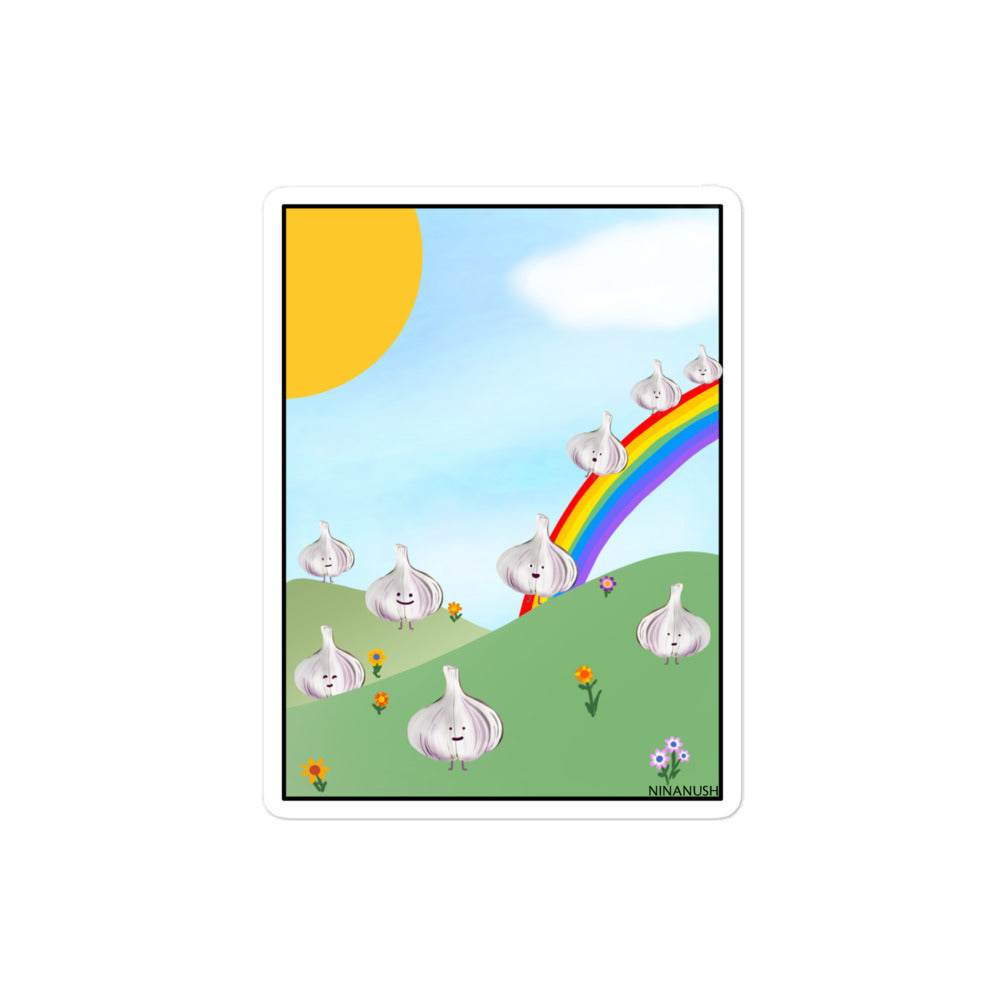 4 x 4 Garlic rainbow party sticker from Nina's Funky Shop by ninanush - The Garlic Rainbow Party Vinyl Sticker! Designed for garlic enthusiasts, this unique sticker has garlic sliding down a rainbow. It's an original hand drawn design by Nina and it's made just for you. This quirky garlic sticker is the perfect addition to your weird sticker collection or funny gift for a garlic lover.