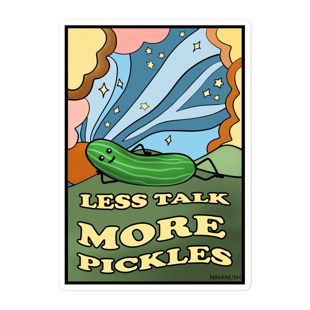 5.5x5.5 psychedelic pickle sticker from Nina's Funky Shop by ninanush - The Less Talk More Pickles Vinyl Sticker! Crafted for devoted pickle enthusiasts, this unique sticker is weird in the best way. It's an original hand drawn design by Nina and it's made just for you. This funky pickle sticker is the perfect addition to your quirky sticker collection or gift for a pickle lover.