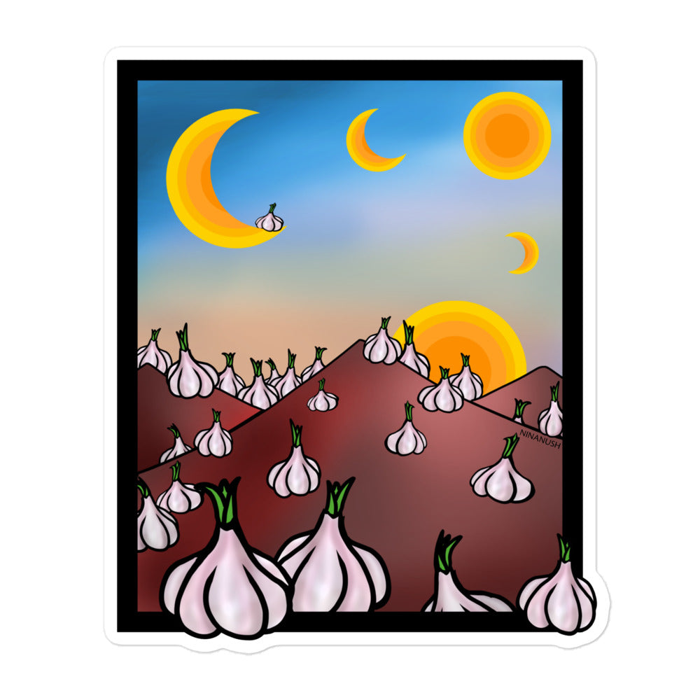 Weird garlic lover sticker from Nina's Funky Shop by ninanush - The Garlic Mountain Vinyl Sticker! This funny foodie sticker has a unique graphic of garlic in the mountains and on the moon. It's an original hand drawn design by Nina and it's made just for you. This funky garlic sticker is the perfect addition to your weird sticker collection or funny gift for a garlic lover.