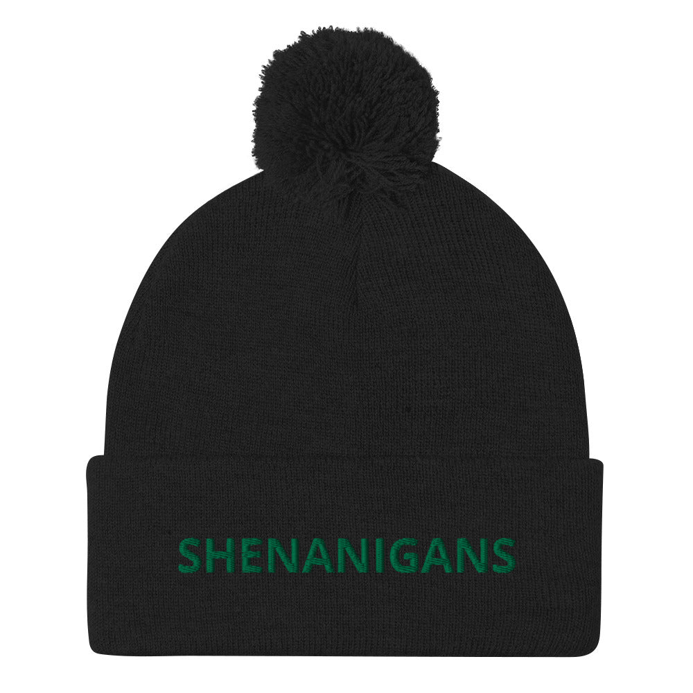Black Shenanigans Beanie - A warm and cozy pom pom beanie with "shenanigans", expertly embroidered accross the front. Looking for something personalized? A different embroidery color? Shoot us an email or check out our customizable apparel!