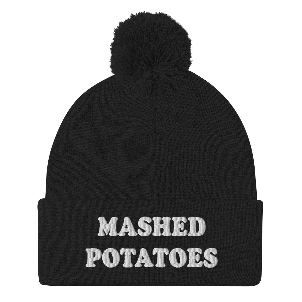 Black Mashed Potatoes Beanie - Our Mashed Potatoes Beanie is comfortable, warm and expertly embroidered just for you. It's a funny beanie with a pom pom on top. The perfect hat for mashed potato lovers and foodies of all kinds. Wear it as everyday streetwear or give it as a gift for your favorite mashed potato enthusiast!