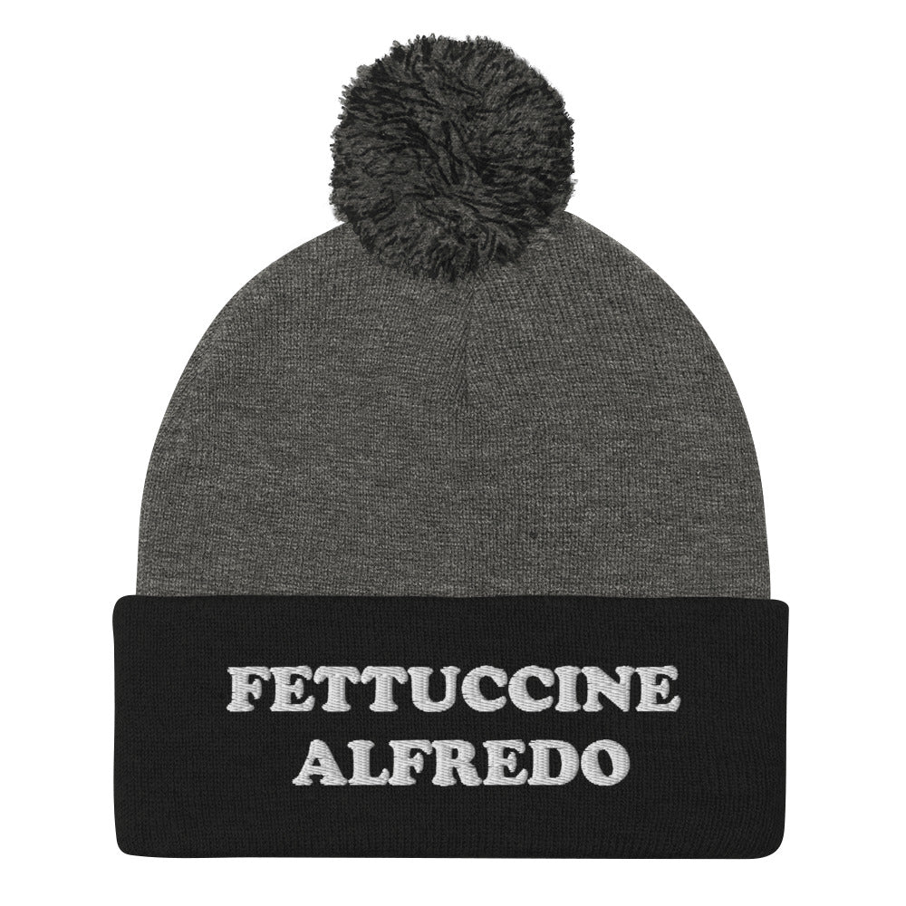 Black and Gray Fettuccine Alfredo Pom Pom Beanie from Nina's Funky Shop by ninanush - Do you love Fettuccine Alfredo? Looking for a funny foodie gift? This warm and cozy, embroidered beanie is just what you need. It's a classic pom pom beanie with "Fettuccine Alfredo", expertly embroidered on the front. The perfect funny beanie for pasta lovers, fettuccine Alfredo enthusiasts and foodies of all kinds.