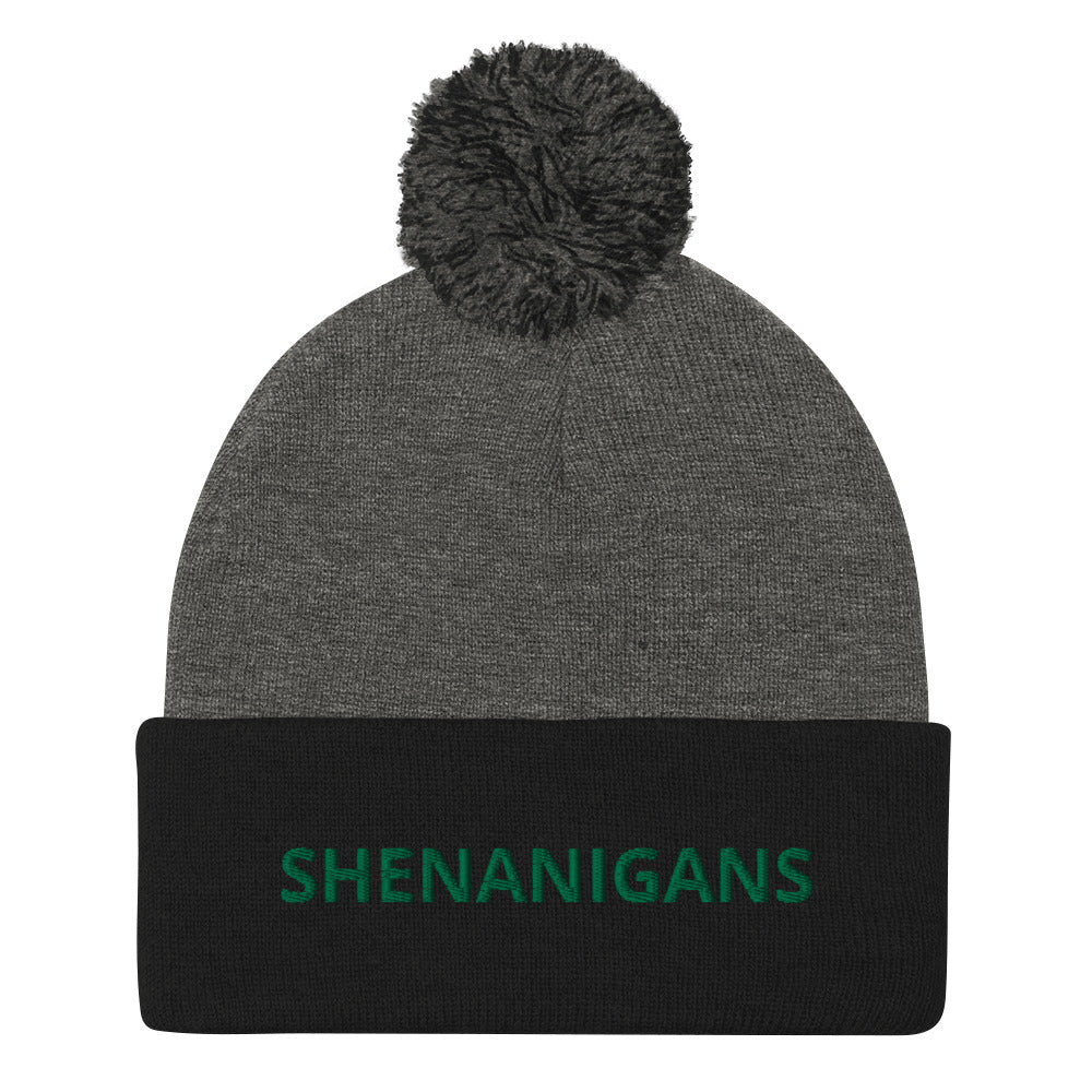 Black and Gray Shenanigans Beanie - A warm and cozy pom pom beanie with "shenanigans", expertly embroidered accross the front. Looking for something personalized? A different embroidery color? Shoot us an email or check out our customizable apparel!
