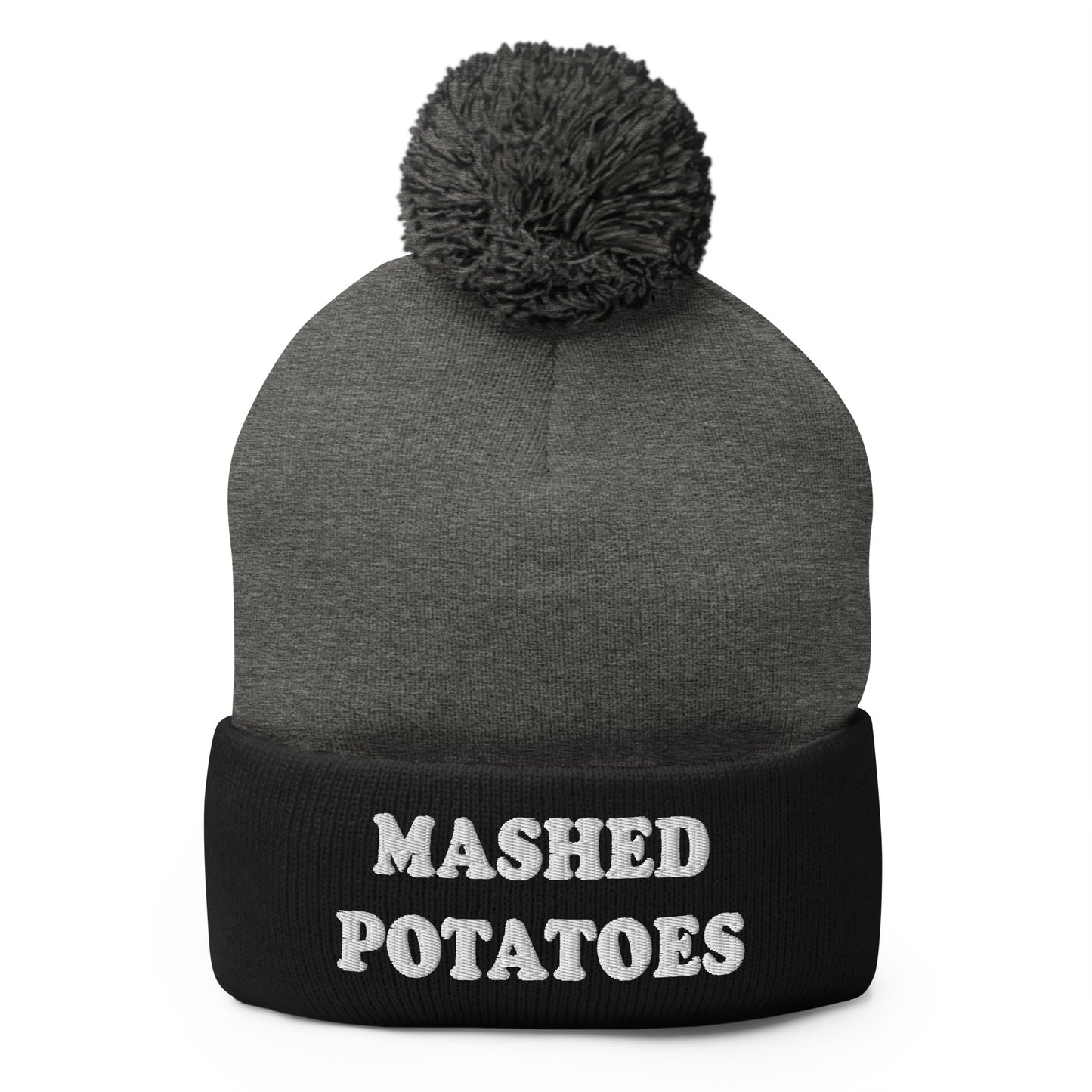 Gray and Black Mashed Potatoes Beanie - Our Mashed Potatoes Beanie is comfortable, warm and expertly embroidered just for you. It's a funny beanie with a pom pom on top. The perfect hat for mashed potato lovers and foodies of all kinds. Wear it as everyday streetwear or give it as a gift for your favorite mashed potato enthusiast!