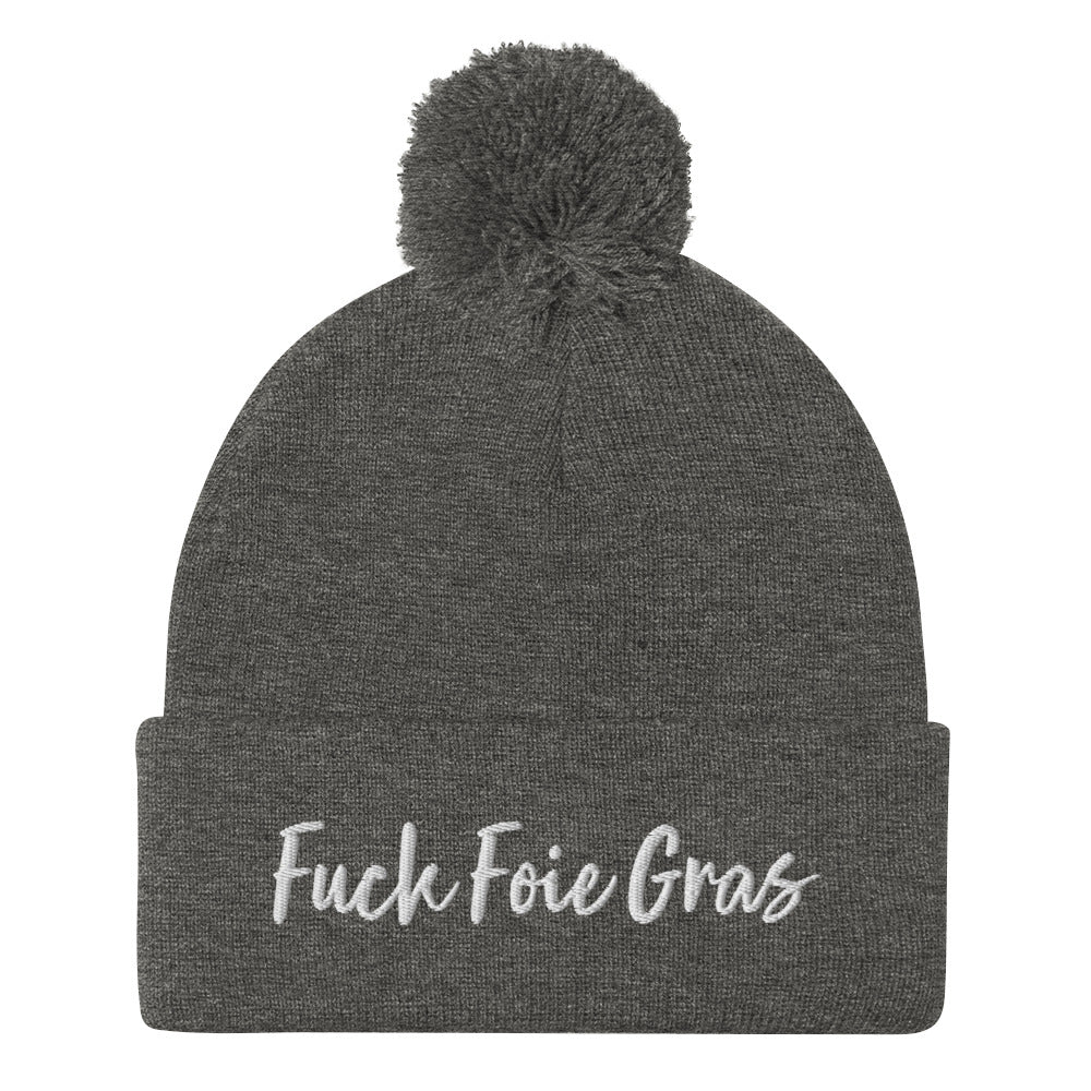 Dark gray Fuck Foie Gras beanie from Nina's Funky Shop by ninanush - Wear this Fuck Foie Gras beanie and bring awareness for the cruel production practices. This activist hat is warm, cozy, and embroidered with the words "Fuck Foie Gras". What is Foie Gras? Foie gras, is a delicacy in French cuisine. It's the liver of a goose or duck that has been fattened through force-feeding.