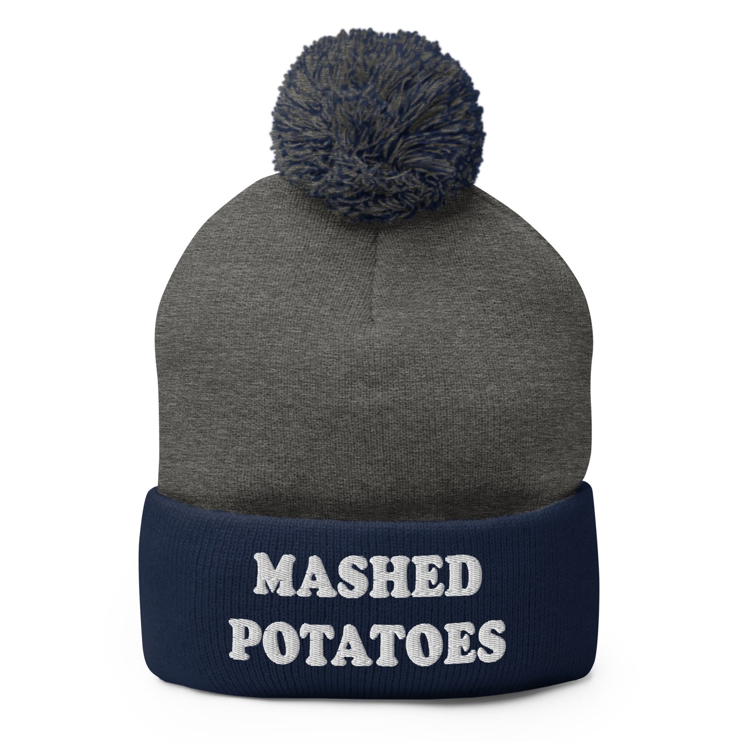 Navy and gray Mashed Potatoes Beanie - Our Mashed Potatoes Beanie is comfortable, warm and expertly embroidered just for you. It's a funny beanie with a pom pom on top. The perfect hat for mashed potato lovers and foodies of all kinds. Wear it as everyday streetwear or give it as a gift for your favorite mashed potato enthusiast!