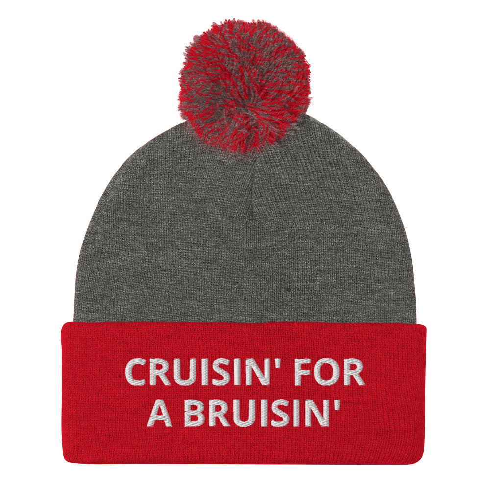 Gray and Red Cruisin' for a Bruisin' Hat from Nina's Funky Shop by ninanush - This Cruisin' For A Buisin' Hat is warm, cozy, designed by Nina and made just for you. It's a comfortable unisex garlic beanie with a pom pom on top, expertly embroidered with the words "Cruisin For A Bruisin'". Stand out and stay warm in the perfect weird and funny beanie for all your cold weather looks.