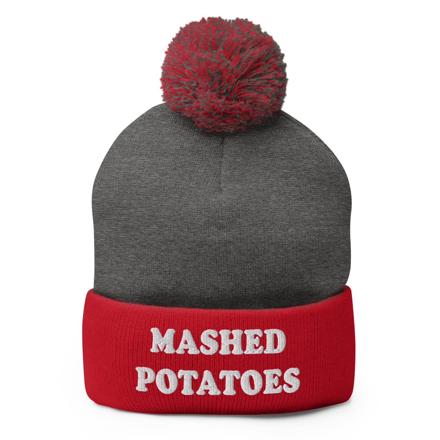 Red and Gray Mashed Potatoes Beanie - Our Mashed Potatoes Beanie is comfortable, warm and expertly embroidered just for you. It's a funny beanie with a pom pom on top. The perfect hat for mashed potato lovers and foodies of all kinds. Wear it as everyday streetwear or give it as a gift for your favorite mashed potato enthusiast!