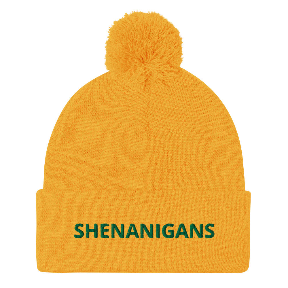 Yellow Shenanigans Beanie - A warm and cozy pom pom beanie with "shenanigans", expertly embroidered accross the front. Looking for something personalized? A different embroidery color? Shoot us an email or check out our customizable apparel!
