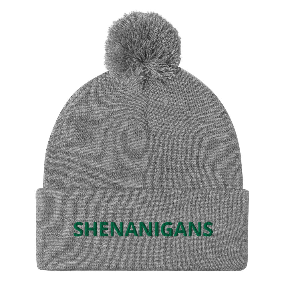 Gray Shenanigans Beanie - A warm and cozy pom pom beanie with "shenanigans", expertly embroidered accross the front. Looking for something personalized? A different embroidery color? Shoot us an email or check out our customizable apparel!