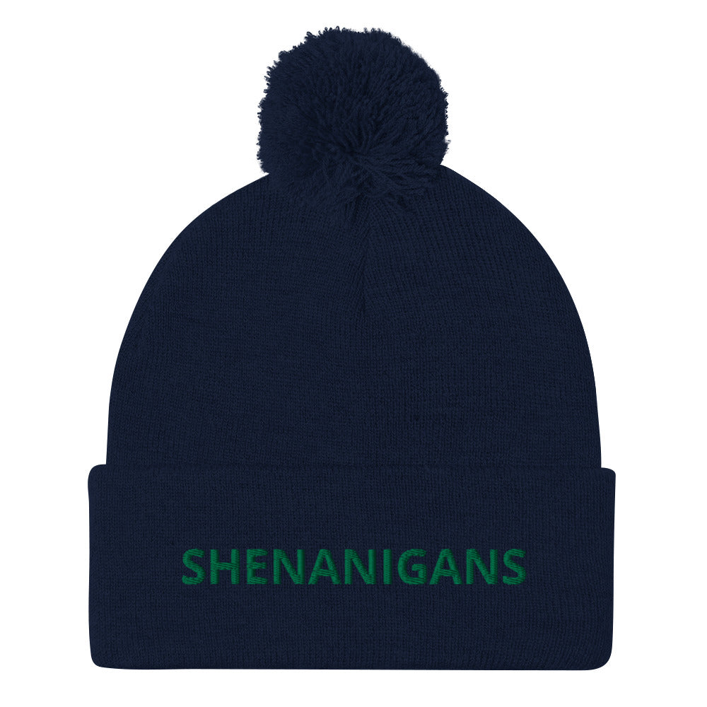 Navy Shenanigans Beanie - A warm and cozy pom pom beanie with "shenanigans", expertly embroidered accross the front. Looking for something personalized? A different embroidery color? Shoot us an email or check out our customizable apparel!