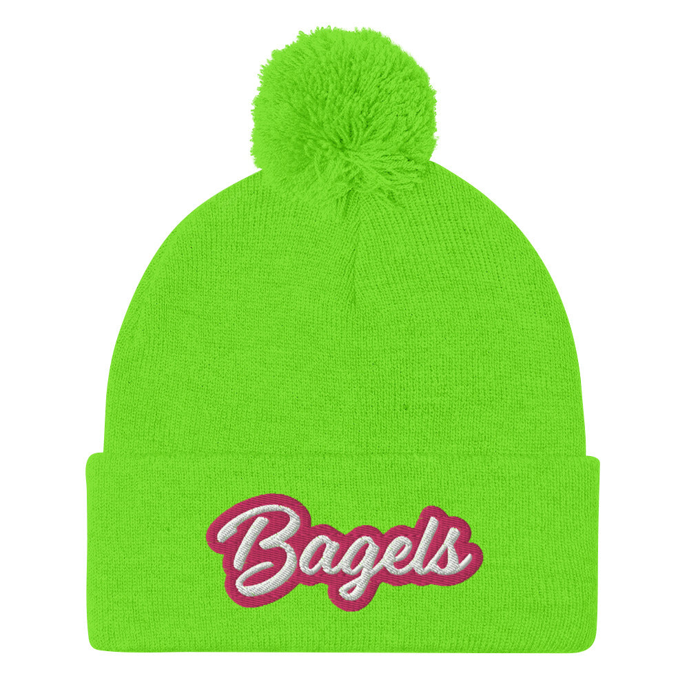 Neon green beanie for bagel lovers with pink and white embroidery - Calling all bagel babes! Stay warm and make a statement in our pink and white embroidered beanie for bagel lovers. This funny foodie hat stands out and comes in a variety of colors. It's a unique bagel beanie that's comfortable and made just for you. Eat bagels in style or give it as a funny gift for bagel enthusiasts.