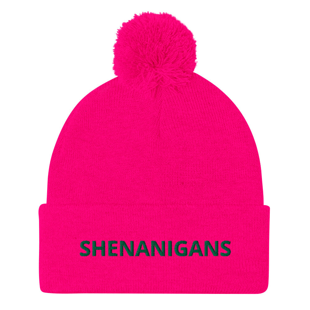 Pink Shenanigans Beanie - A warm and cozy pom pom beanie with "shenanigans", expertly embroidered accross the front. Looking for something personalized? A different embroidery color? Shoot us an email or check out our customizable apparel!