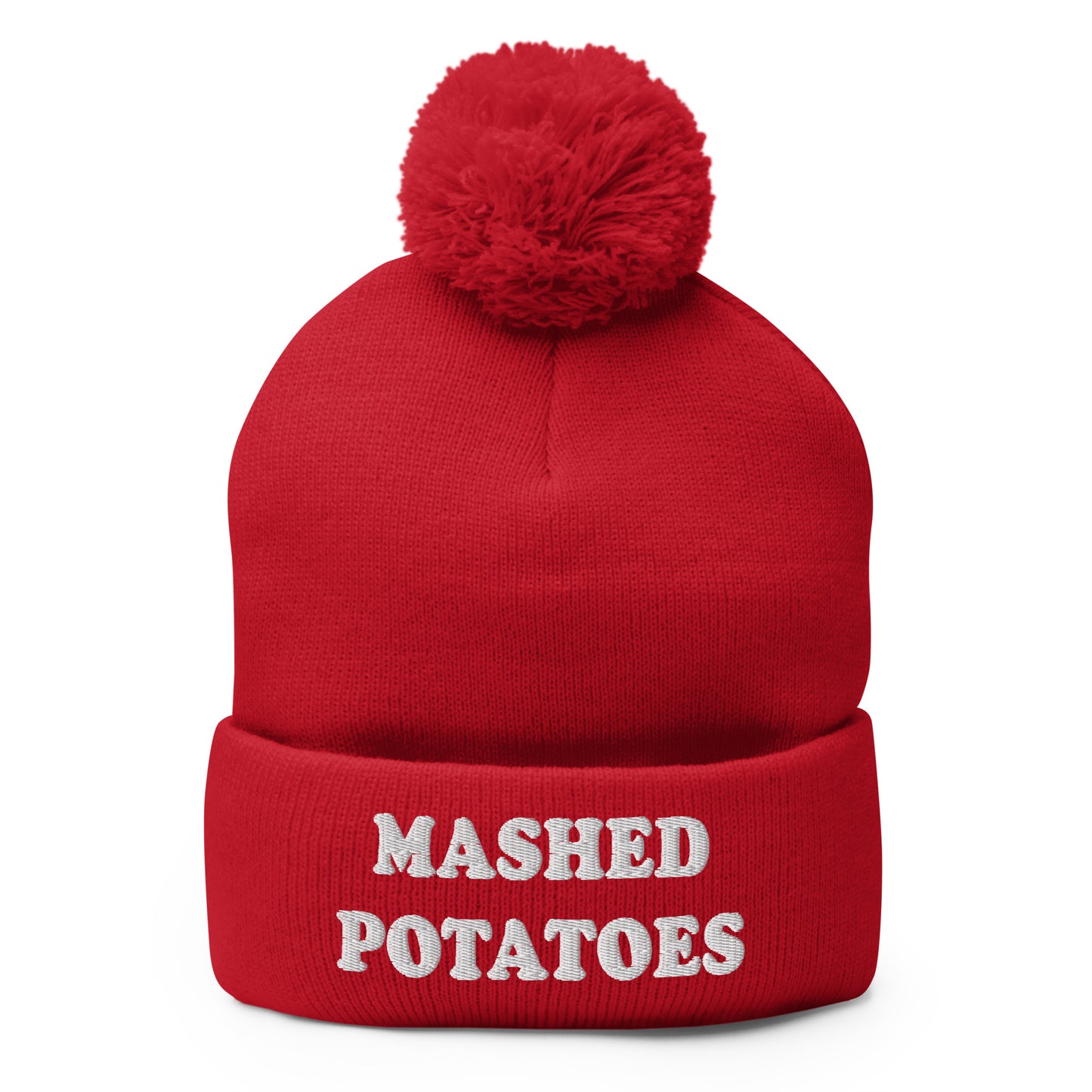 Red Mashed Potatoes Beanie - Our Mashed Potatoes Beanie is comfortable, warm and expertly embroidered just for you. It's a funny beanie with a pom pom on top. The perfect hat for mashed potato lovers and foodies of all kinds. Wear it as everyday streetwear or give it as a gift for your favorite mashed potato enthusiast!