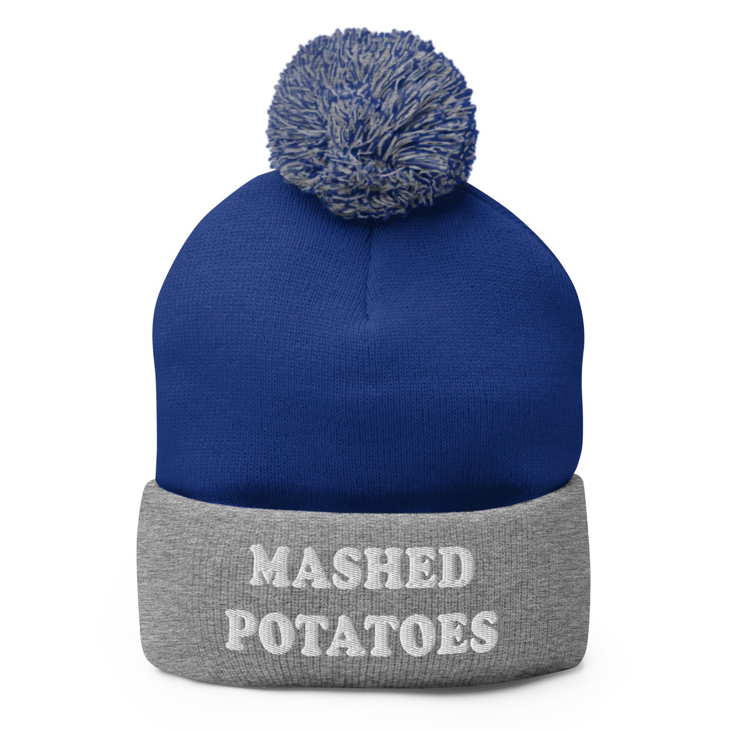 Gray and Blue Mashed Potatoes Beanie - Our Mashed Potatoes Beanie is comfortable, warm and expertly embroidered just for you. It's a funny beanie with a pom pom on top. The perfect hat for mashed potato lovers and foodies of all kinds. Wear it as everyday streetwear or give it as a gift for your favorite mashed potato enthusiast!