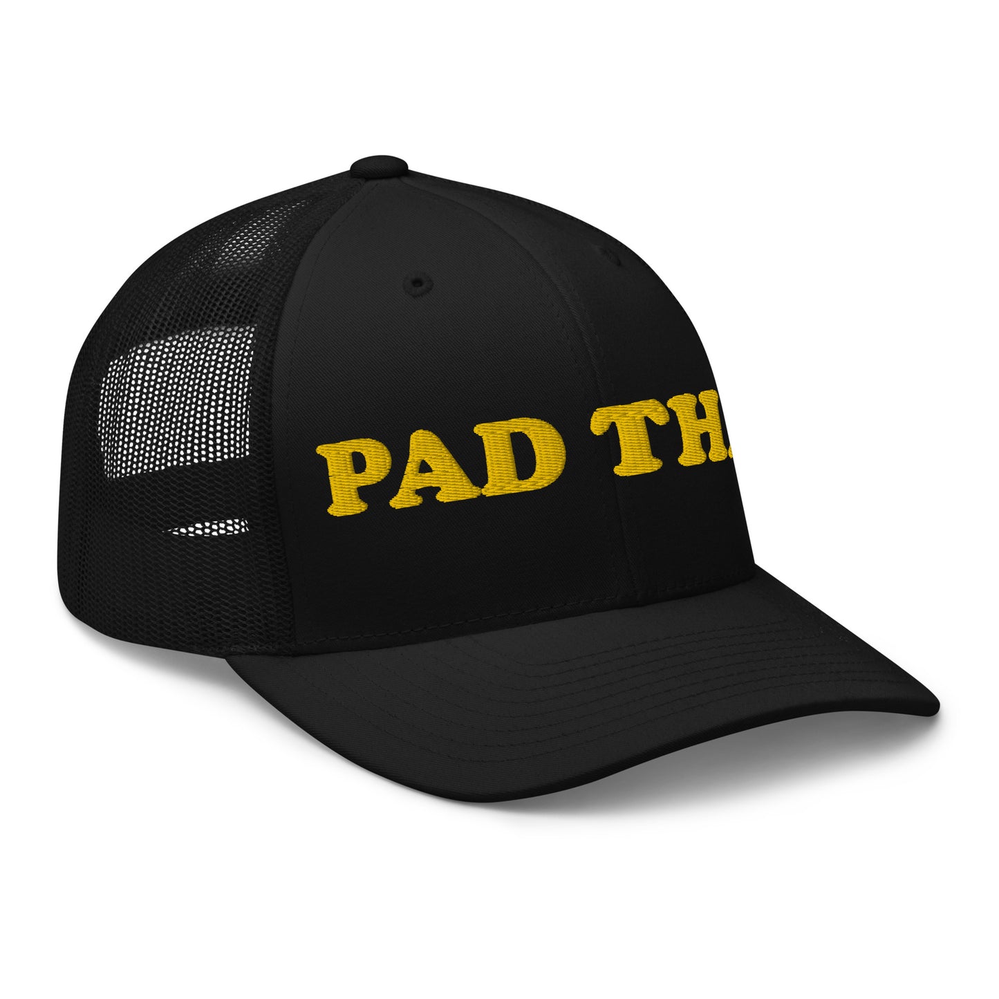 Black Pad Thai hat - Love Pad Thai? Looking for a funny gift for a Pad Thai enthusiast? Our Pad Thai Hat is comfortable, adjustable and made just for you. It comes in a variety of colors with "Pad Thai", expertly embroidered on the front. Make a statement in this funny food hat. Perfect for everyday streetwear or your next touristy trip to Thailand.