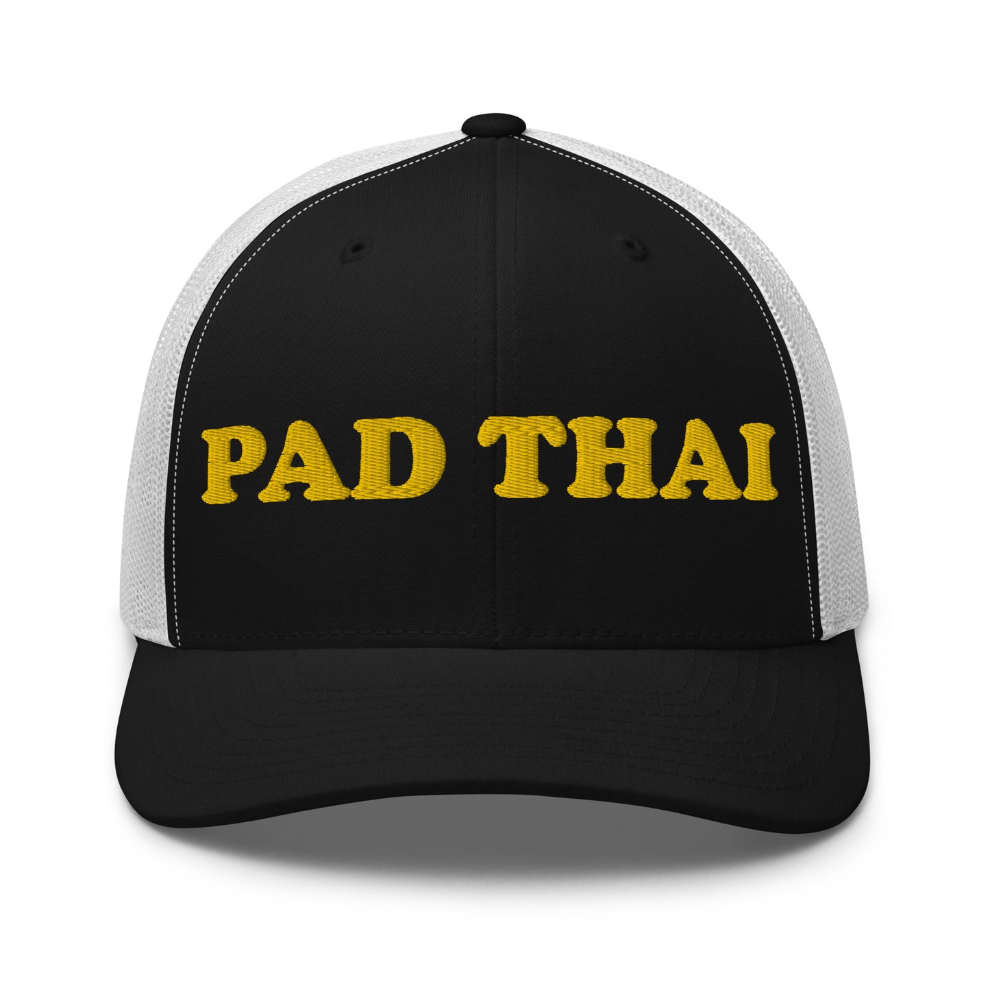 Black and white pad thai hat - Love Pad Thai? Looking for a funny gift for a Pad Thai enthusiast? Our Pad Thai Hat is comfortable, adjustable and made just for you. It comes in a variety of colors with "Pad Thai", expertly embroidered on the front. Make a statement in this funny food hat. Perfect for everyday streetwear or your next touristy trip to Thailand.