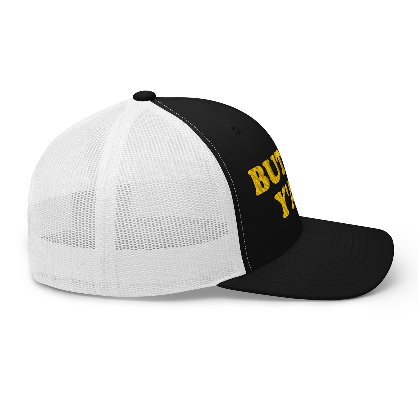 Black and white Butter Hat - Are you a butter enthusiast? Looking for a funny gift? Our Butter Y'all Hat is comfortable and made just for you. It comes in a variety of colors with a funny butter phrase, expertly embroidered on the front. Make a statement and eat your favorite buttery foods in our butter y'all trucker hat. Edit alt text