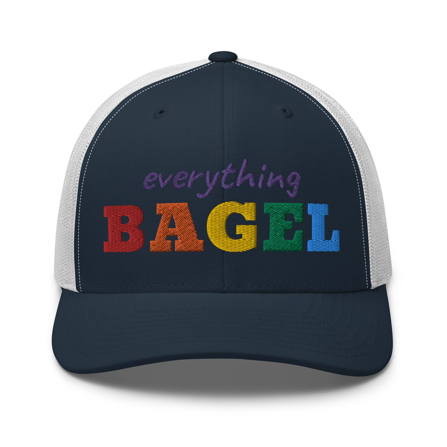 Navy and White Trucker Hat for Pride - Our Everything Bagel Pride Bucket Hat is sure to turn heads and have everyone asking, "Where'd you get that hat?" It's comfortable, adjustable and comes in a variety of colors with a funny rainbow design for pride. Looking for something personalized? Shoot us an email!