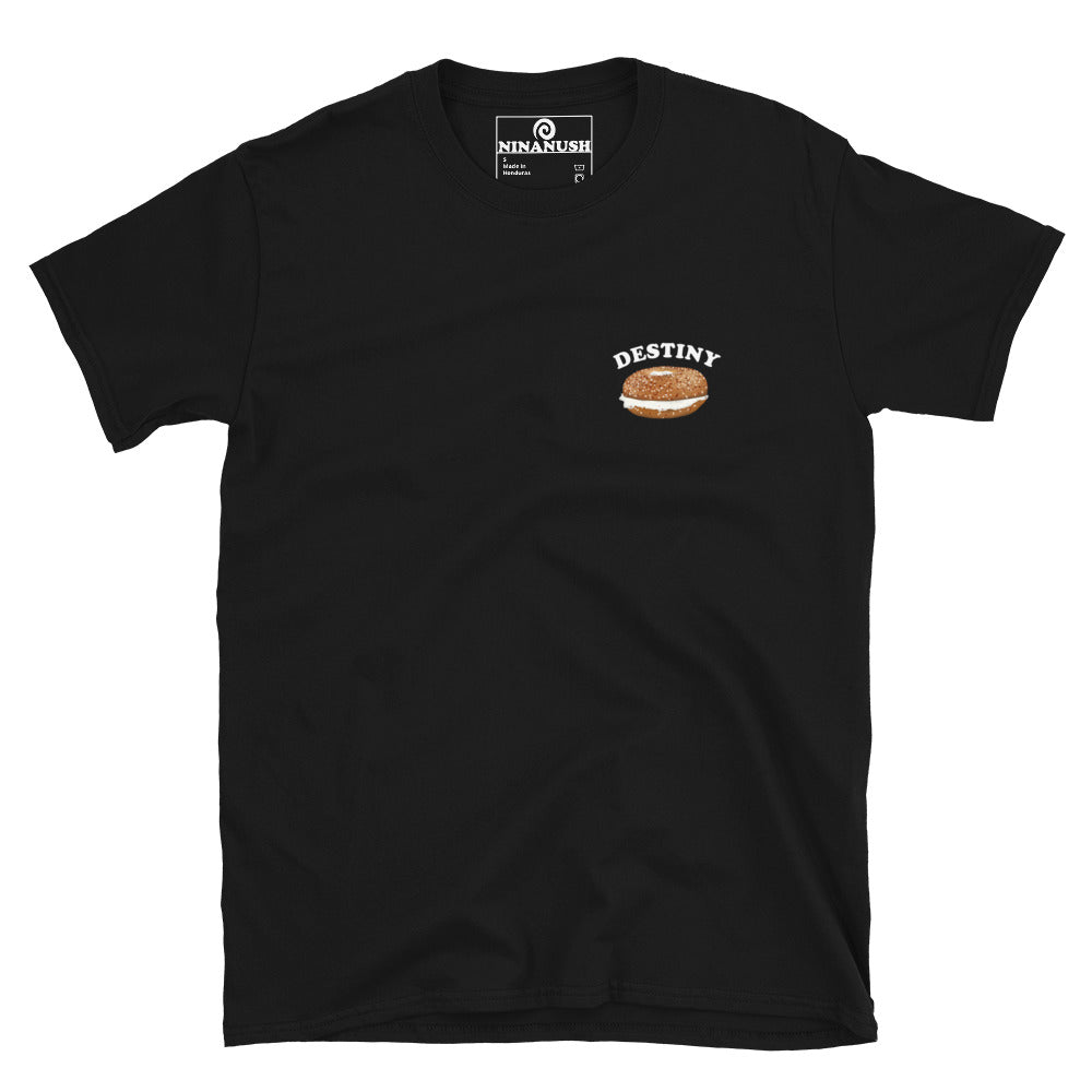 Black bagel shirt - Make a statement as a bagel-loving foodie with our funny "Destiny Bagel" T-shirt. This unique graphic tee features a bagel and the word "destiny." Whether you're eating bagels or expressing your passion for food, this random and weird shirt is just what you need. It also makes a fantastic gift for fellow bagel enthusiasts.