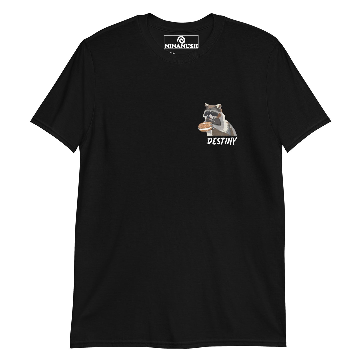 Black funny raccoon t-shirt with bagel - A raccoon eating a bagel t-shirt that's comfortable with a totally original design. It's a unique graphic tee for raccoon enthusiasts and bagel lover's alike. Destiny calls...eat your next bagel in style in a funky t-shirt made just for you. Or give it as a funny and unique gift for bagel addicts and raccoon lovers.