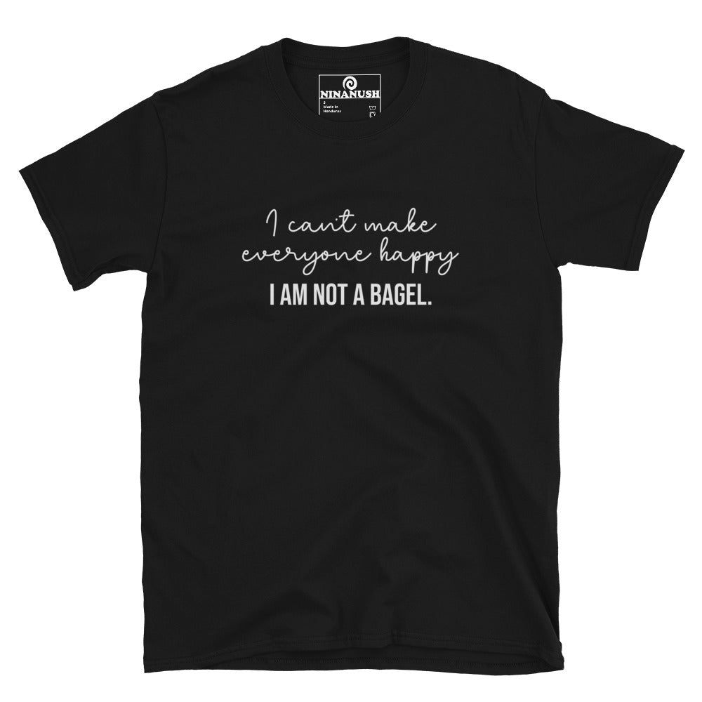 Black funny bagel saying t-shirt - "I can't make everyone happy, I am not a bagel." This bagel lover t-shirt is a comfortable classic tee with a funny bagel quote on the front. Make a statement and eat bagels in style this weird foodie shirt for bagel enthusiasts. Great for everyday streetwear or a gift for your favorite bagel connoisseur.