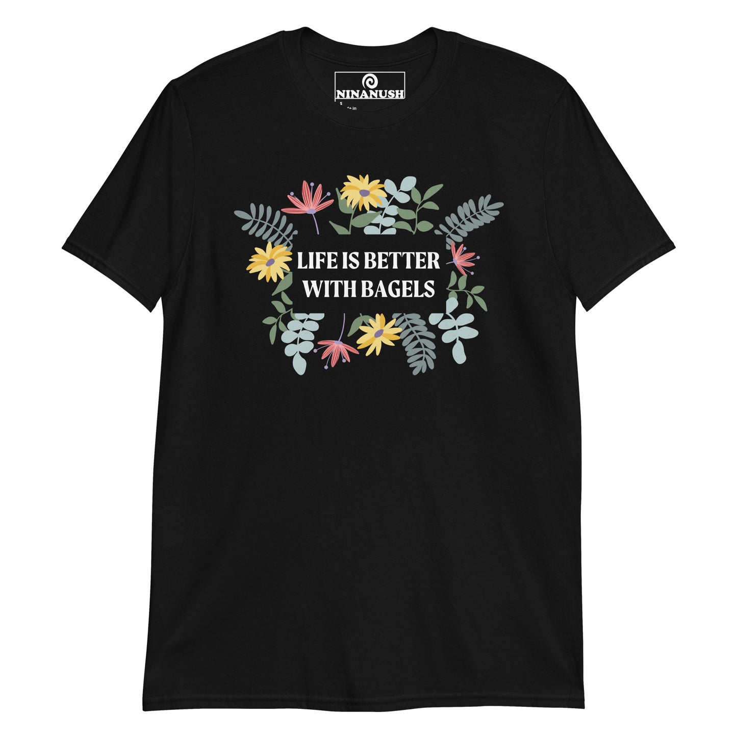 Black t-shirt with bagel saying and colorful flower design - Life is better with bagels. This unique bagel lover tee has a flower design and bagel saying printed on a classic cotton tee. It's a funny, eye catching foodie shirt, designed for bagel enthusiasts, and made just for you. A T-shirt for bagel enthusiasts, this weird food shirt is sure to stand out and make a statement.