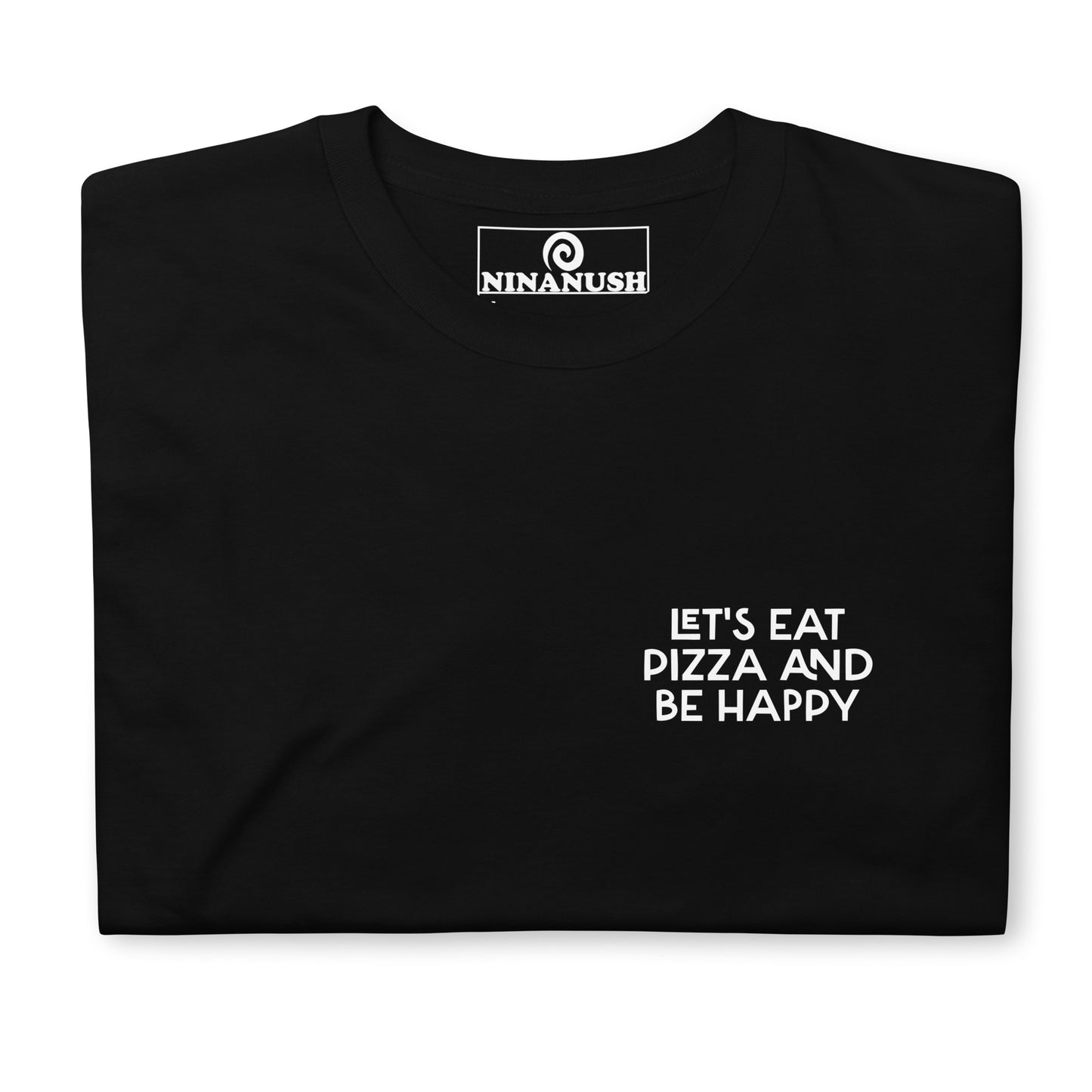 Black let's eat pizza and be happy saying t-shirt from Nina's Funky Shop by ninanush - This funky foodie t-shirt is the perfect shirt for pizza lovers. It's a classic cotton shirt that's soft and comfortable with the words "Let's eat pizza and be happy" expertly printed on the front. Add a little personality to your style in this pizza enthusiast tee shirt, or give it as a gift for a quirky tee aficionado.