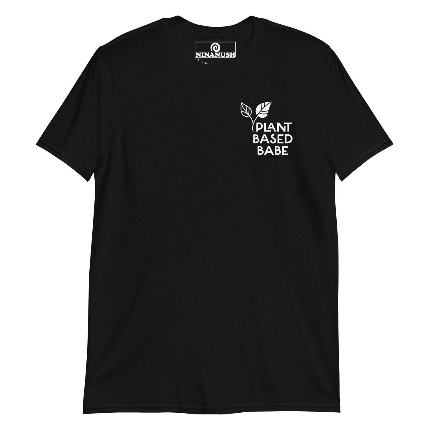 Black plant based babe with leaf t-shirt from Nina's Funky Shop by ninanush - PLANT BASED BABE 🌱 Calling all plant based babes! Make a statement in this unique vegan t-shirt with the words "plant based babe" expertly printed on the front. It's a unisex, classic cotton shirt for proud vegan foodies or a gift for plant based honeys of all kinds. This simple vegan tee is designed by Nina and made just for you.