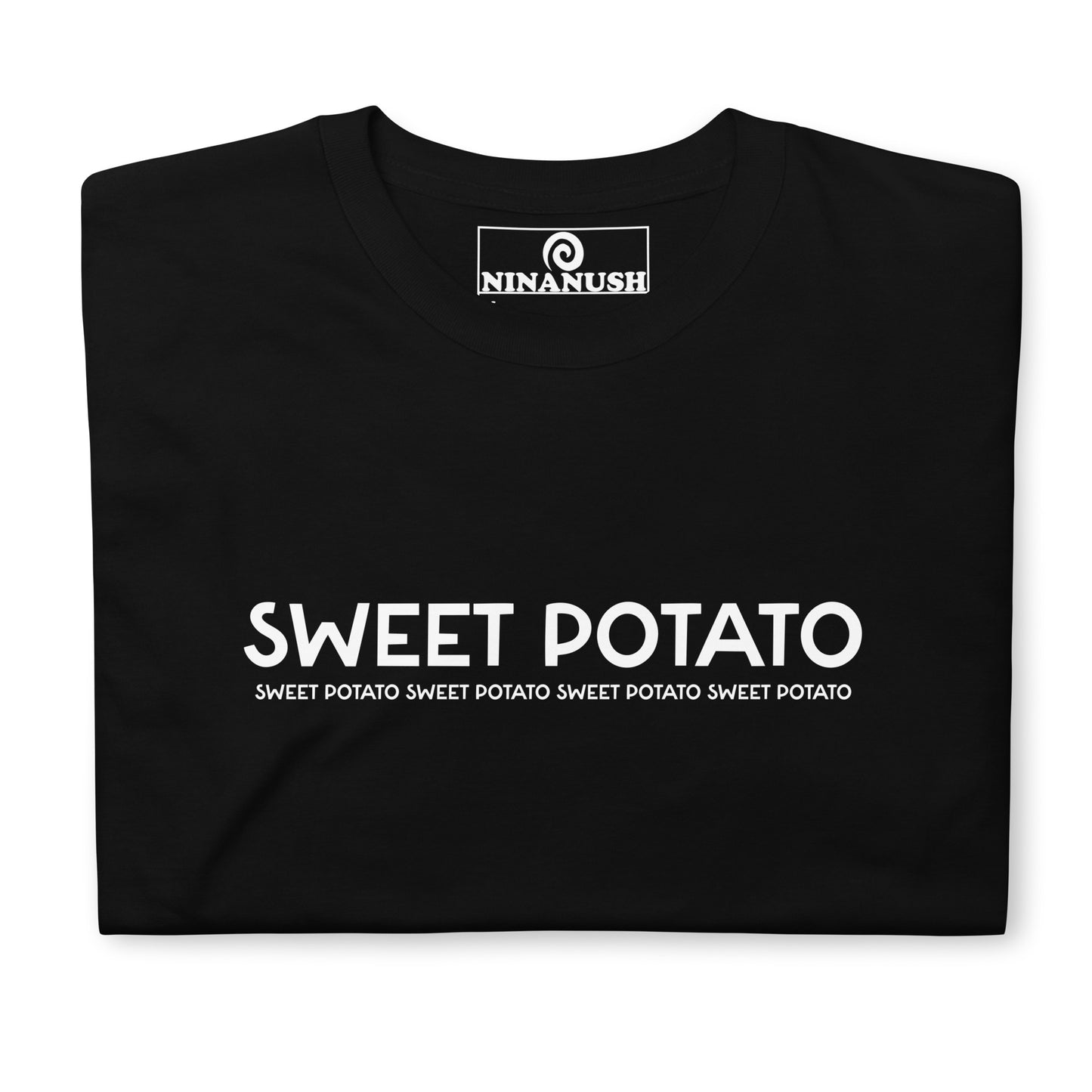 Black sweet potato t-shirt from Nina's Funky Shop by ninanush - Stand out in this sweet potato enthusiast t-shirt. It's a unisex cotton shirt with the words "Sweet Potato" printed on the front. This weird shirt is unique, designed by Nina and made just for you. Stand out and share your foodie passion in this sweet potato shirt or give it as a funny gift for a potato aficionado.