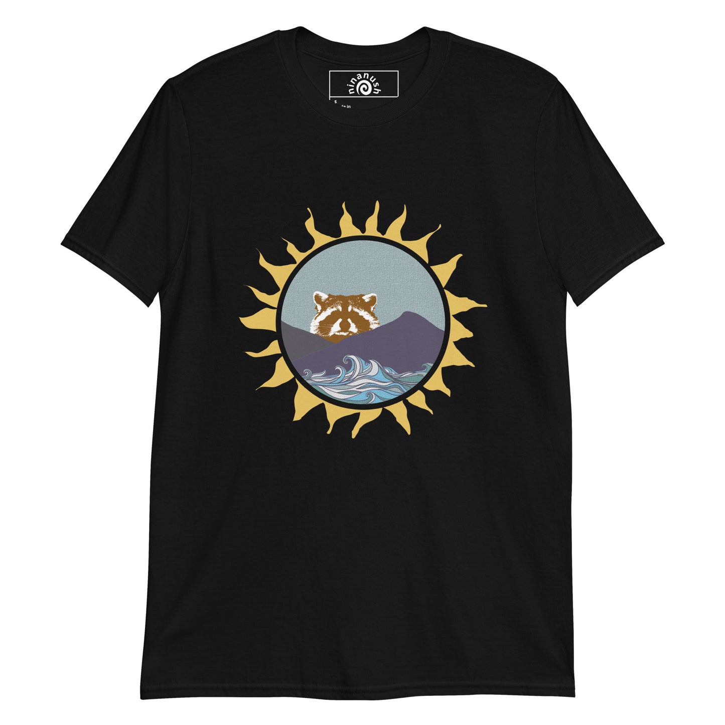 Black raccoon t-shirt from Nina's Funky Shop by ninanush - Do you love raccoons? Looking for a raccoon graphic tee? Our colorful Raccoon T-shirt design is just what you need. Expertly printed on a soft and comfortable cotton tee. It features a raccoon peering over mountains with blue waves and funky sun frame. Stand out and show off your love of raccoons and quirky tees.