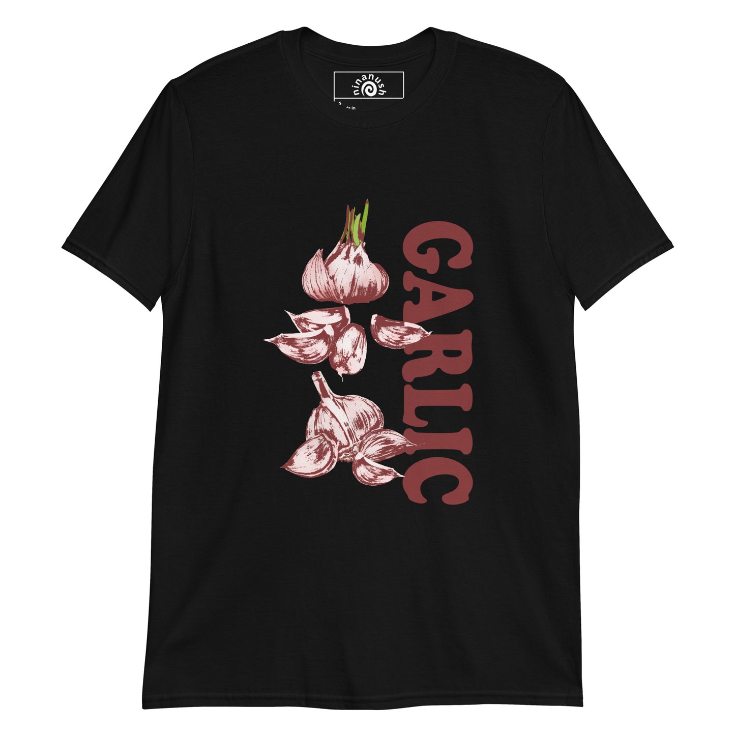 Black Garlic T-shirt from Nina's funky Shop by ninanush - Do you love garlic? Looking for a fun foodie gift? Our funky Garlic T-shirt is just what you need. It's a soft and comfortable garlic graphic tee with a unique garlic design, expertly printed on the front. Stand out in this garlic lover t-shirt. It's the perfect funny foodie t-shirt for garlic enthusiasts and foodies of all kinds.