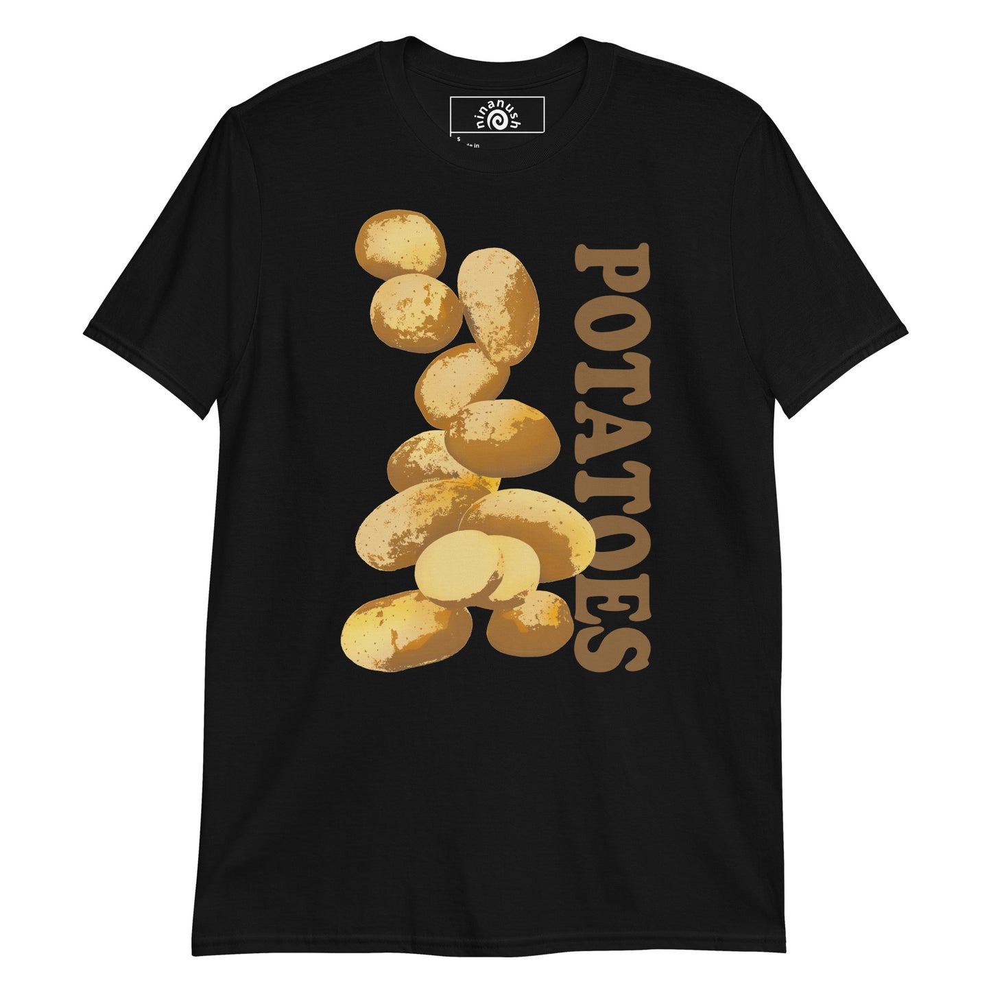 Black Potatoes T-shirt from Nina's Funky Shop by ninanush - Do you love potatoes? Looking for a funny foodie gift? Our Unique Potatoes T-shirt is just what you need. It's a potatoes graphic tee with a hand drawn potato design, expertly printed on the front. Stand out in this potato lover t-shirt. It's the perfect funny foodie shirt for potato enthusiasts and foodies of all kinds.