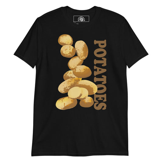 Black Potatoes T-shirt from Nina's Funky Shop by ninanush - Do you love potatoes? Looking for a funny foodie gift? Our Unique Potatoes T-shirt is just what you need. It's a potatoes graphic tee with a hand drawn potato design, expertly printed on the front. Stand out in this potato lover t-shirt. It's the perfect funny foodie shirt for potato enthusiasts and foodies of all kinds.