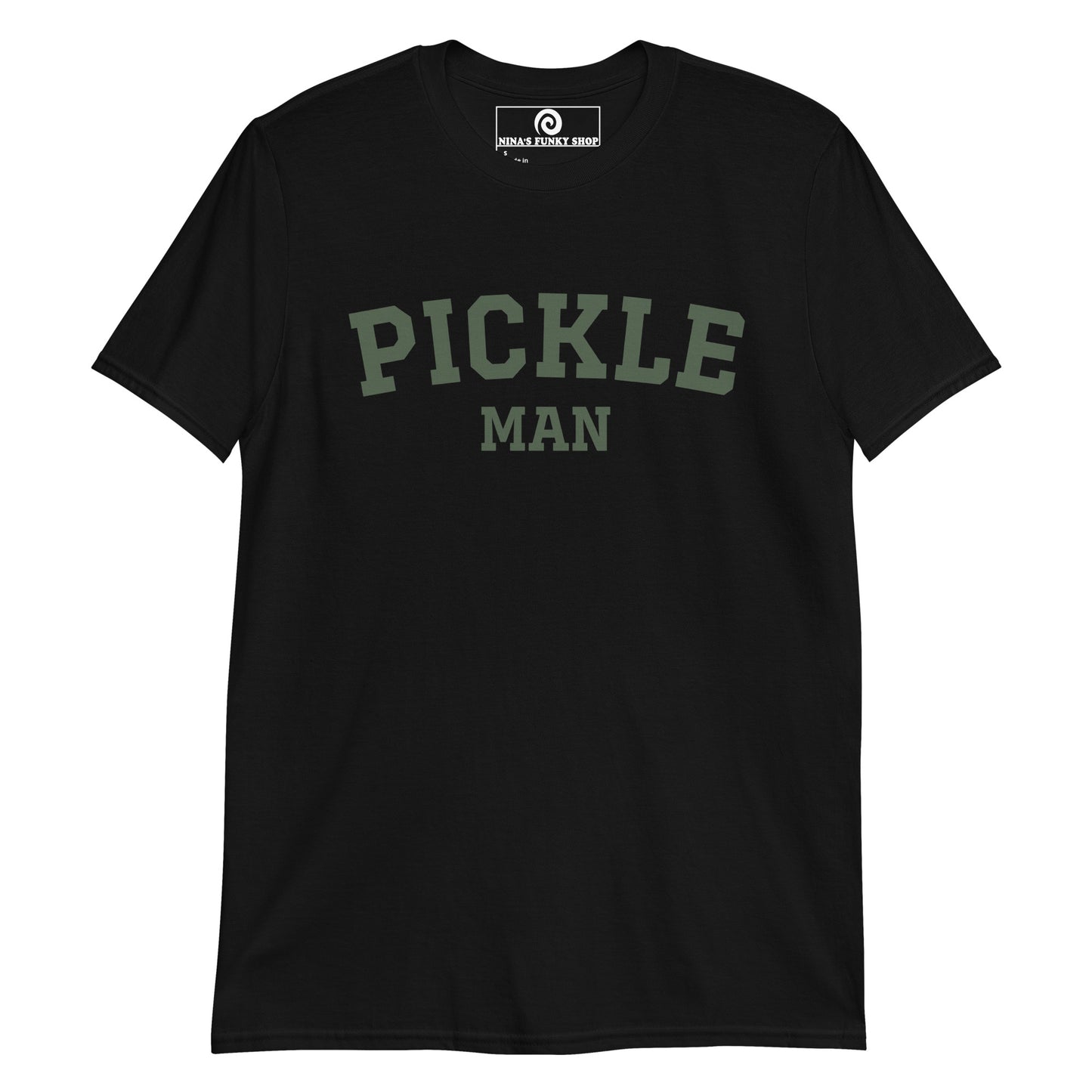 Black College T-shirt for pickle lovers - Crazy for pickles? Looking for a funny gift for the pickle friend? Our Pickle Man T-shirt is just what you need. It's a soft and comfortable shirt with "Pickle Man", expertly printed on the front. It's the perfect varsity tee for pickle lovers and foodies of all kinds. Celebrate your favorite foods in our funky foodie clothing, designed by Nina and made just for you.