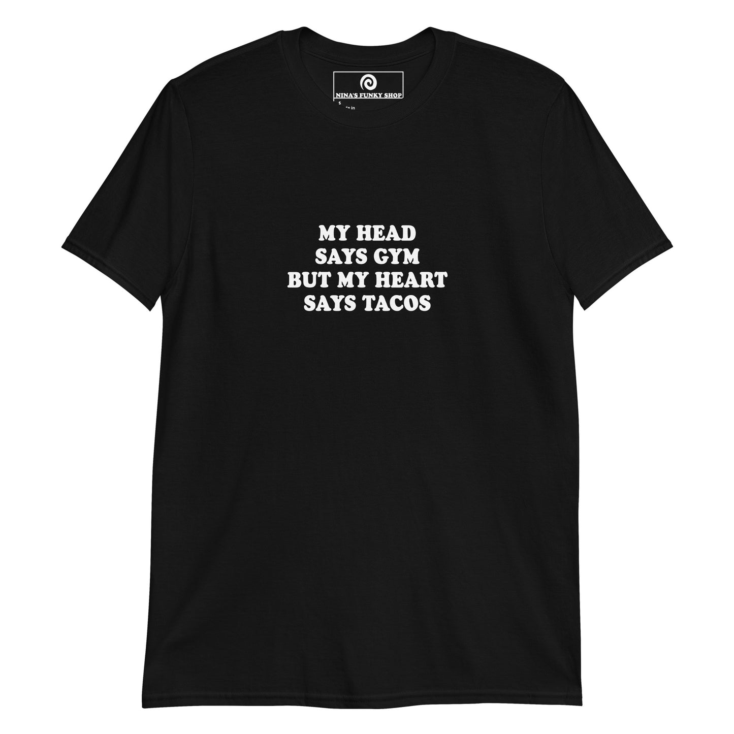 Black Taco T-Shirt - My head says gym but my heart says tacos! This taco t-shirt is soft and comfortable. It's a classic cotton shirt with a funny taco saying, expertly printed on the front. The perfect tee for taco lovers and foodies of all kinds. Looking for something personalized? Shoot us an email!