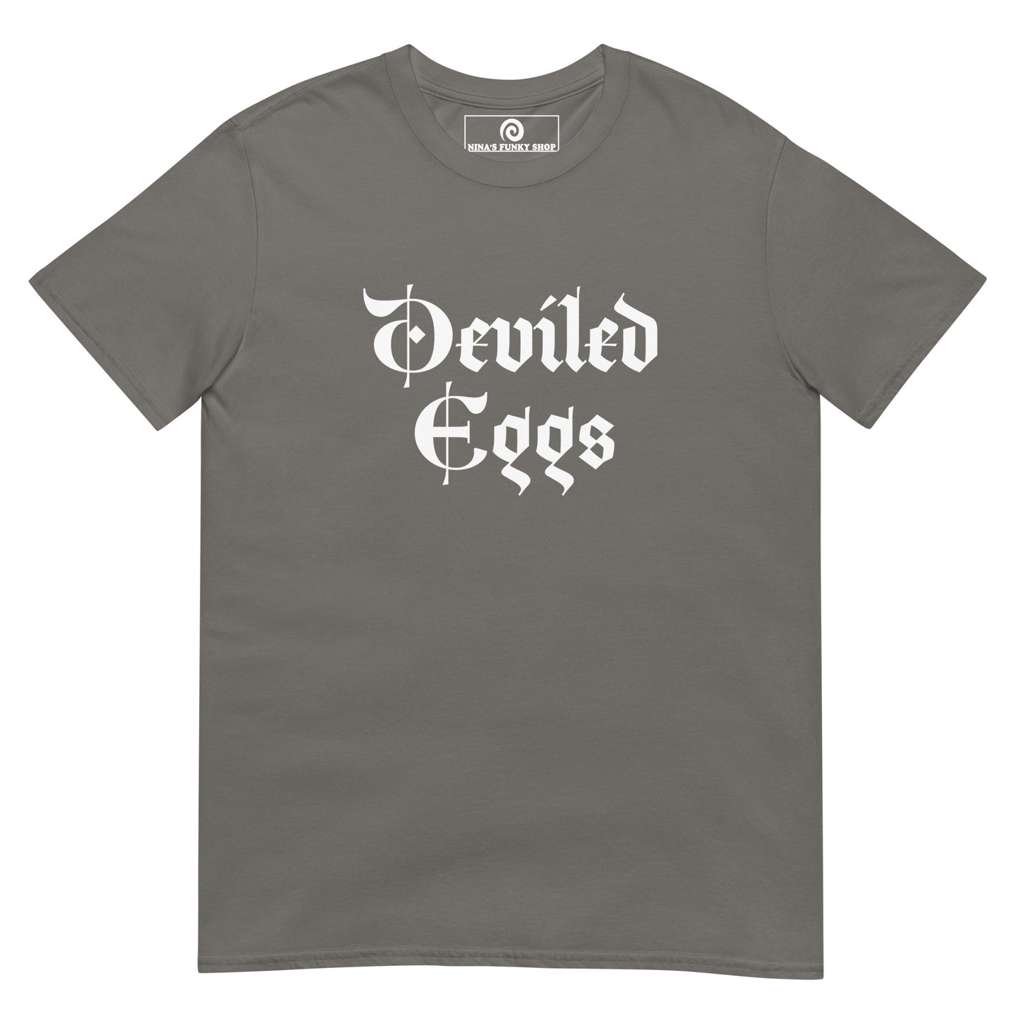 Gray Deviled Eggs T-Shirt - Big fan of Deviled Eggs? Looking for a gift for a foodie? Our Deviled Eggs T-Shirt is soft, comfortable and made just for you. It's a funny t-shirt that comes in a variety of colors with "deviled eggs", expertly printed on the front.