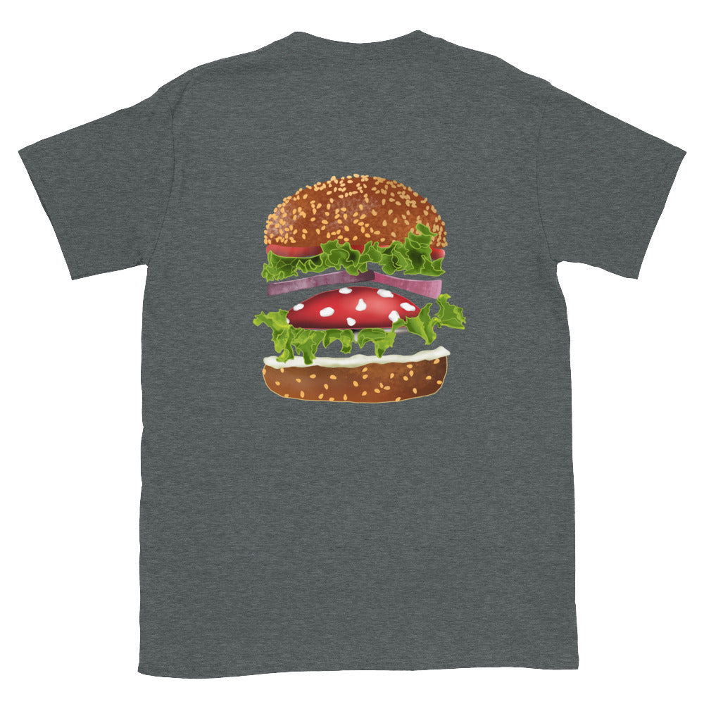 Gray burger lover shirt - A mushroom burger t-shirt that's colorful, totally unique and made just for you! The funky foodie design is hand drawn and printed on a classic t-shirt. Eat your favorite veggie burger in style with a shrooms and burger lover t-shirt or give it as a funny gift to your favorite mushroom burger enthusiast and foodies of all kinds.