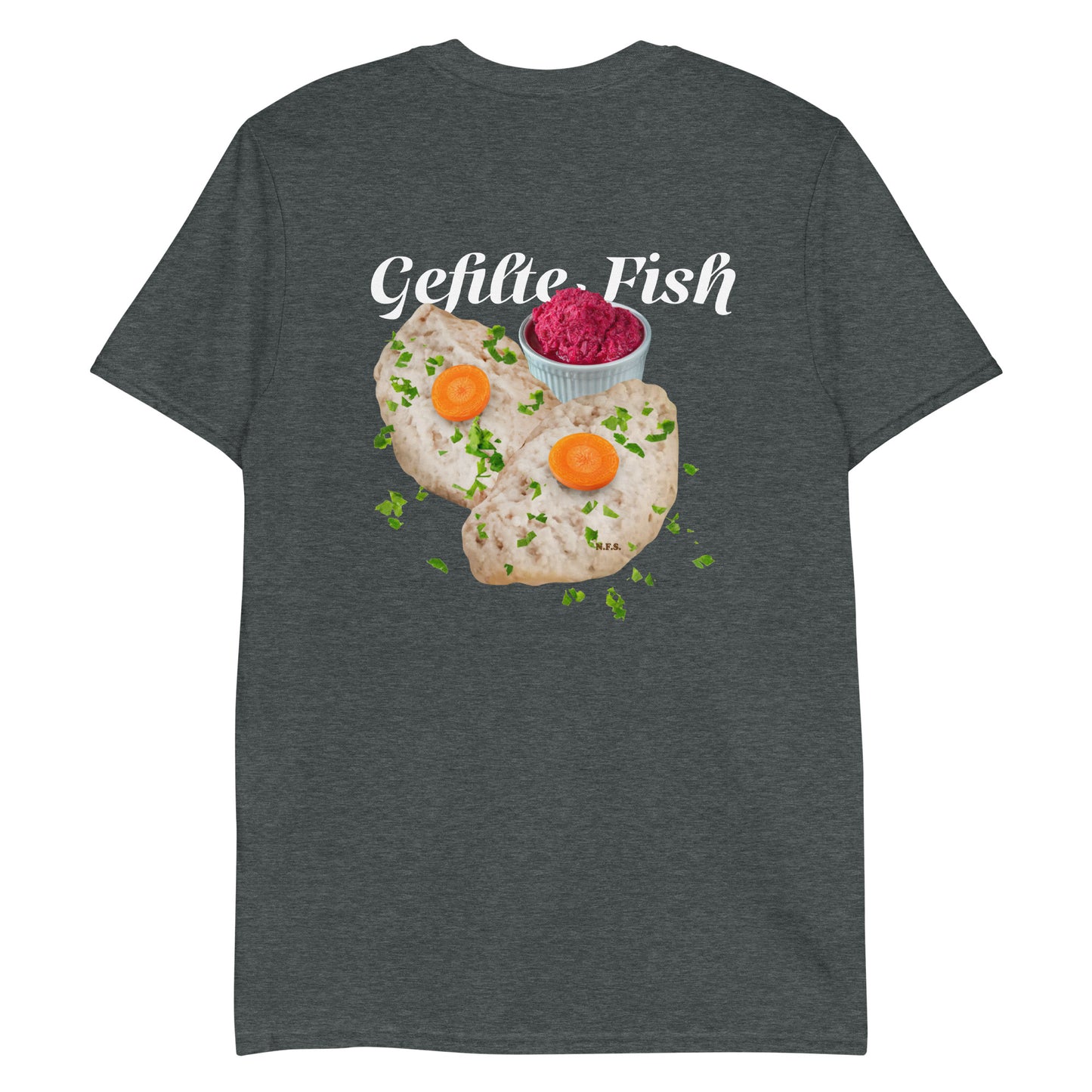 Dark Gray Gefilte Fish Shirt - Love gefilte fish? Looking for a funny gift for an Ashkenazi? Our Gefilte Fish T-Shirt is just what you need. It's soft and comfortable with a unique Gefilte Fish Design, expertly printed on the front.