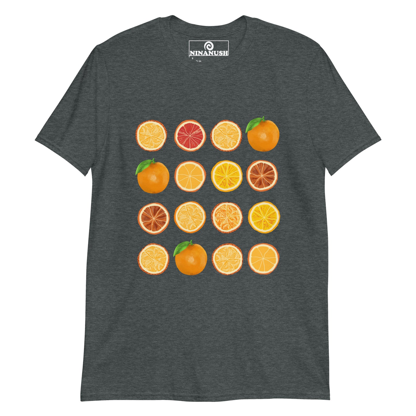 Gray orange slices t-shirt for foodies - This colorful fruit t-shirt has 16 bright oranges printed on a classic t-shirt. If you love oranges, this foodie t-shirt is just what you need. It's a totally unique orange slices shirt that's funky and perfect for orange enthusiasts. Eat oranges in style and stand out in an orange lover t-shirt made just for you.