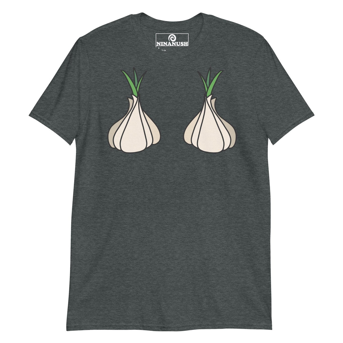 Dark gray garlic boobs t-shirt from Nina's Funky Shop by ninanush - This funny garlic head shirt is designed for garlic lovers and made for you. It's a a soft and comfortable cotton t-shirt with garlic on the chest. A unique foodie t-shirt designed for passionate garlic aficionados. Wear this garlic boob t-shirt on everyday outings or give it as a funny gift for a garlic enthusiast.