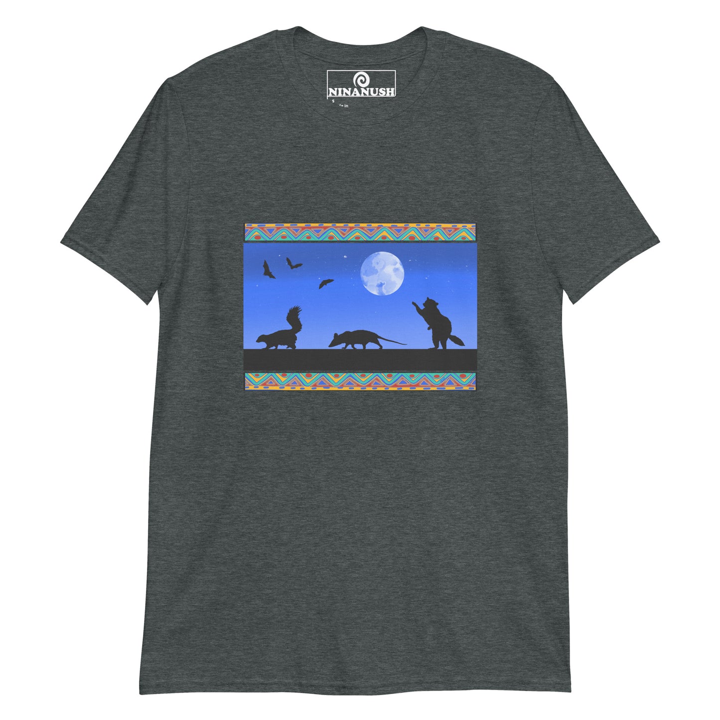 Gray trash cats t-shirt from Nina's Funky Shop by ninanush - A funny graphic tee for animal lovers and quirky shirt enthusiasts of all kinds. It has a unique design of a raccoon, opossum, and skunk with bats flying in the sky. This trash cats shirt is hand drawn by Nina and made just for you. Stand out in this eye catching t-shirt or give it as a funky gift for an animal lover.