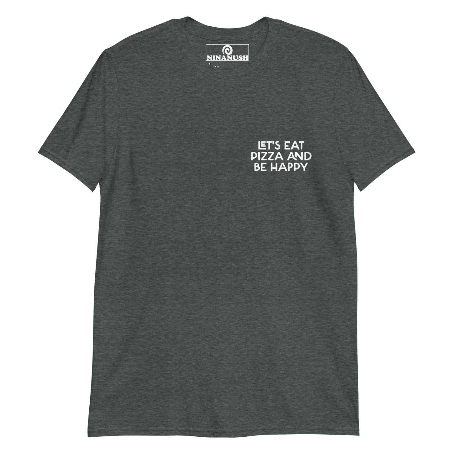 Heather gray let's eat pizza and be happy saying t-shirt from Nina's Funky Shop by ninanush - This funky foodie t-shirt is the perfect shirt for pizza lovers. It's a classic cotton shirt that's soft and comfortable with the words "Let's eat pizza and be happy" expertly printed on the front. Add a little personality to your style in this pizza enthusiast tee shirt, or give it as a gift for a quirky tee aficionado.