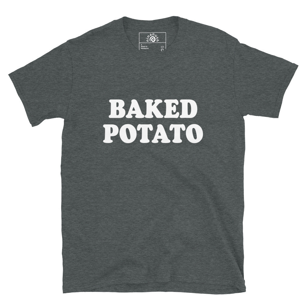 Dark gray Baked Potato T-shirt from Nina's Funky Shop by ninanush - Do you love potatoes? Looking for a funny foodie gift? Our Baked Potato T-shirt is soft, comfortable and just what you need. It's a unisex crewneck t-shirt that comes in a variety of colors with "Baked Potato", expertly printed on the front. A funny foodie t-shirt for baked potato enthusiasts and foodies of all kinds.