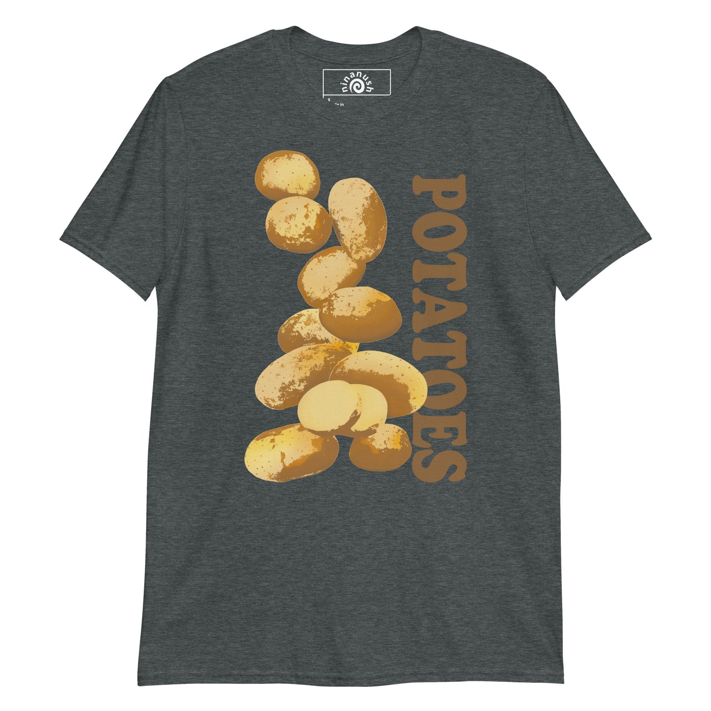 Dark Gray Potatoes T-shirt from Nina's Funky Shop by ninanush - Do you love potatoes? Looking for a funny foodie gift? Our Unique Potatoes T-shirt is just what you need. It's a potatoes graphic tee with a hand drawn potato design, expertly printed on the front. Stand out in this potato lover t-shirt. It's the perfect funny foodie shirt for potato enthusiasts and foodies of all kinds.