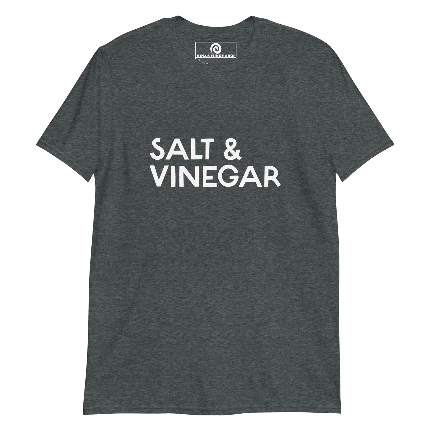 Gray Salt and Vinegar T-shirt - Is salt and vinegar your favorite flavor? Looking for a funny gift? This salt and vinegar tee is just what you need. It's soft and comfortable with "Salt & Vinegar", expertly printed on the front. The perfect shirt for salt and vinegar lovers and foodies of all kinds. Designed by Nina and made just for you. Looking for something personalized? Shoot us an email!