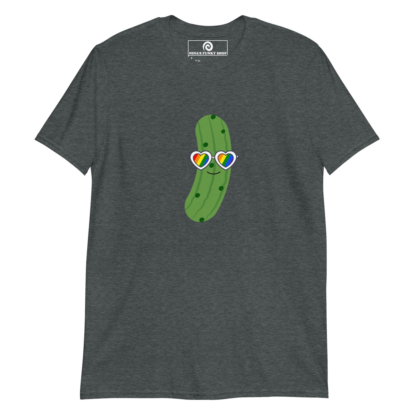 Dark Gray Funny Pride T-shirt with Pickle Design - Our pride Pickle T-shirt is soft, comfortable and comes in a variety of colors with a funny pickle design wearing heart pride sunglasses. Eat your favorite pickles in this funny foodie tee. Stand out in our sarcastic graphic tees and funny foodie apparel. Designed by Nina and made just for you!