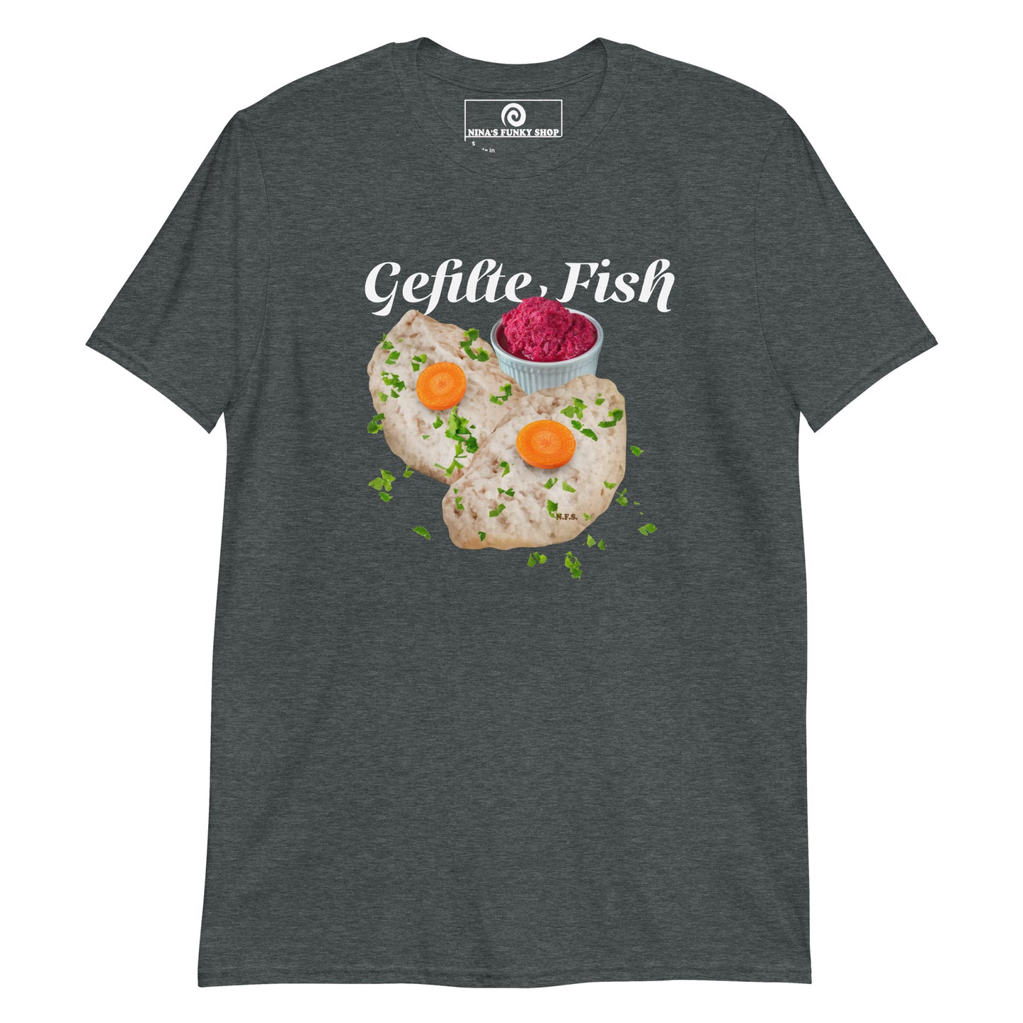 Dark Gray Gefilte Fish T-Shirt - Our Gefilte Fish T-Shirt is soft, comfortable, and made just for you. It's a classic cotton graphic tee with gefilte fish, expertly printed on the front. A funny food t-shirt for Jews, foodies and Gefilte fish lovers and haters alike.