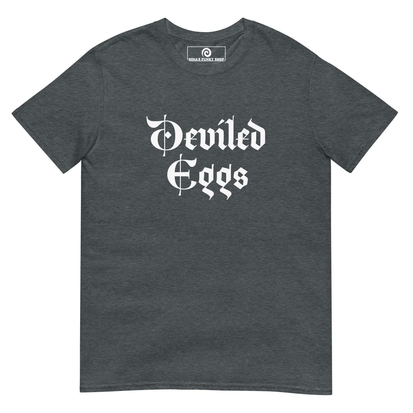 Gray Deviled Eggs T-Shirt - Big fan of Deviled Eggs? Looking for a gift for a foodie? Our Deviled Eggs T-Shirt is soft, comfortable and made just for you. It's a funny t-shirt that comes in a variety of colors with "deviled eggs", expertly printed on the front.
