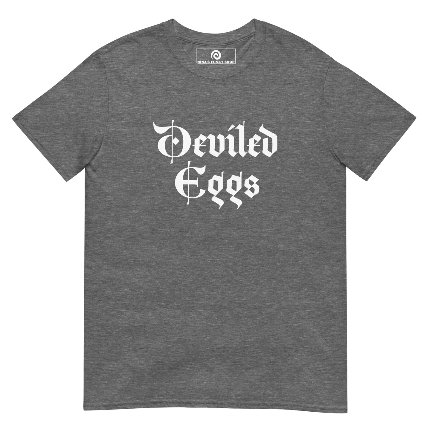 Gray Deviled Eggs T-Shirt - Big fan of Deviled Eggs? Looking for a gift for a foodie? Our Deviled Eggs T-Shirt is soft, comfortable and made just for you. It's a funny t-shirt that comes in a variety of colors with "deviled eggs", expertly printed on the front.